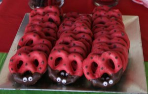 Two dozen chocolate Covered Ladybug Pretzels Red and brown