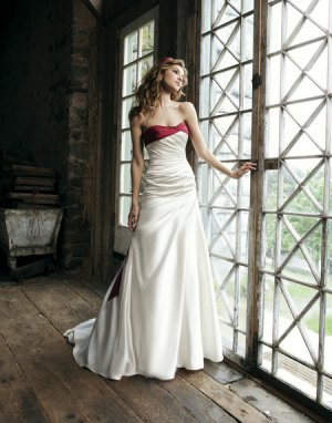 A-line designer white and red satin elegant wedding dress S0034