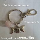 Triple crescent moon Keychain rose quartz