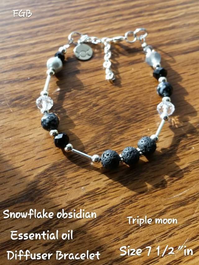 Snowflake obsidian diffusers bracelet  triple crescent moon