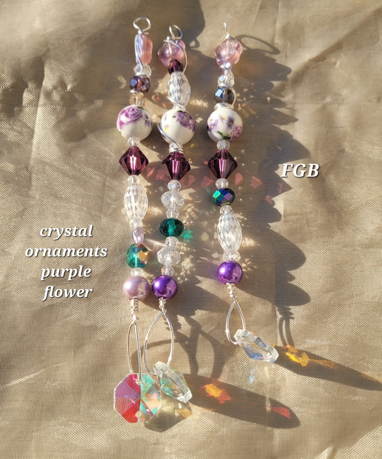 purple flower porcelain crystal suncatcher  set of 3