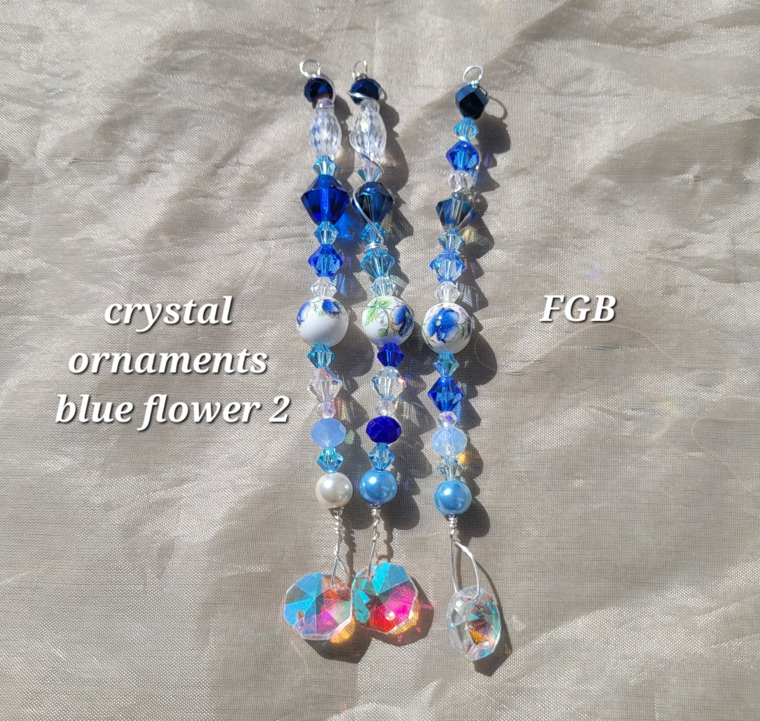 Blue flower porcelain crystal suncatcher set of 3