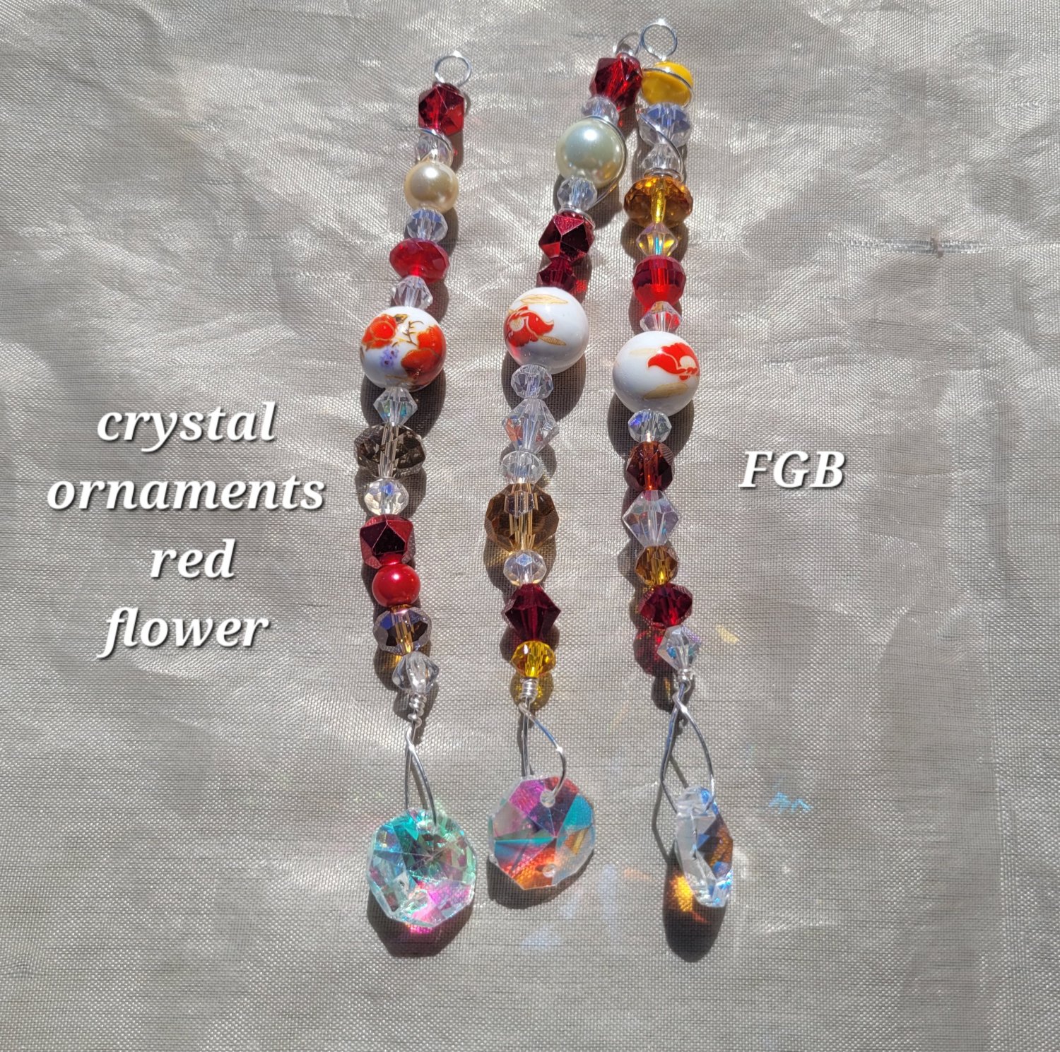 porcelain red  flower crystal suncatcher set of 3