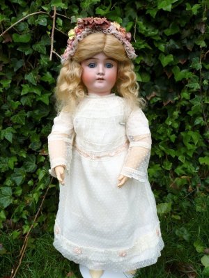 Old Large 23" Antique German Bisque Head Viola Doll In Stunning Antique Dress