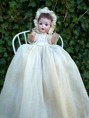 Lovely Old Antique German Bisque Head Baby Doll w/ Antique Wooden High Chair