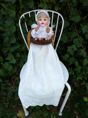 Old Antique German AM Bisque Baby Doll w/ Antique High Chair & Christening Gown