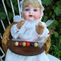 Old Antique German AM Bisque Baby Doll w/ Antique High Chair & Christening Gown