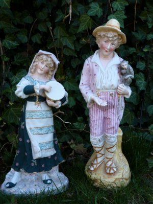 Antique Victorian German Bisque Porcelain Gebruder Heubach Figures Of Man & Lady