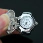 Lady's Stainless Steel Silver Ring Watch with Diamond Skull Head Cover