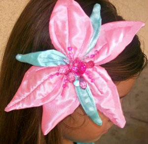 Disney Little Mermaid Costume Handmade Girl Beaded Rhinestone Pink Satin Flower Hair Clip