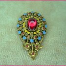 Antique Enameled Brass Fur Clip With Glass Cabochon