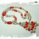 Art Glass and Faux Pearl Bead Lariat Necklace Signed Hobe