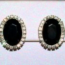 Vintage Black Glass and Crystal Rhinestone Clip Earrings