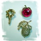 Red Apple Pin, Golden Color Acorn Pin, Initial PIn Sar. Cov.