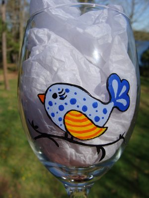 Blue Bird Hand Painted Wine Glass