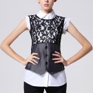 Size Asian M (US S(4) ,UK 6, AU 8) - FINEJO Two-Pcs Sleeveless White Shirt Black Vest