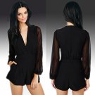 Size Asian L (US M(8-10),UK 10, AU 12) - Women Deep V Neck Long Sleeve Romper Shorts Jumpsuit
