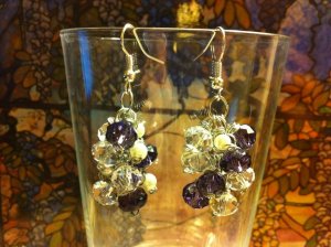 purple, crystal, pearl grape cluster earrings