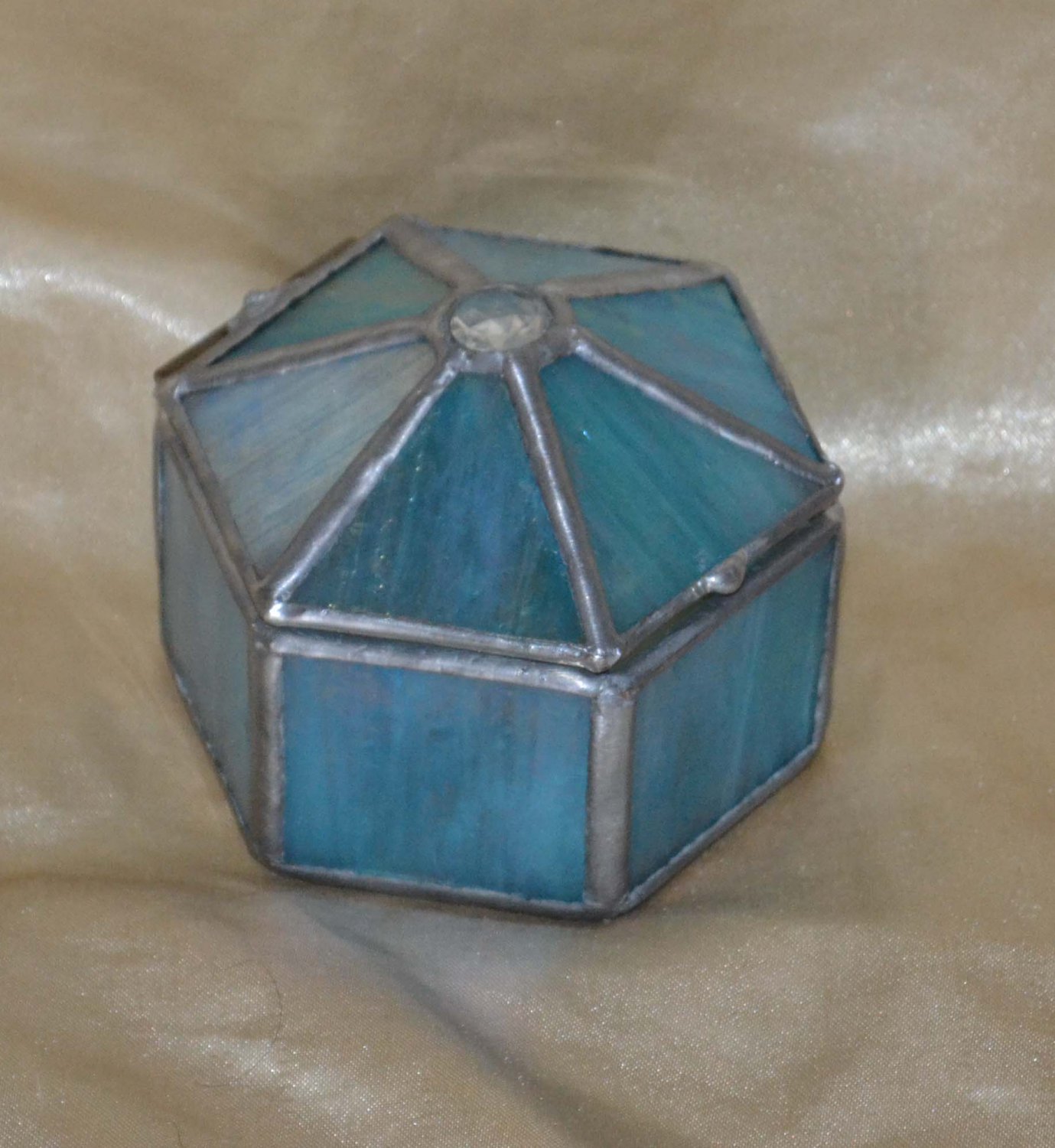 Stained Glass Jewelry Box 6 sided, iridescent blue, clear jewel