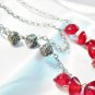 Necklace multistrand silver with red glass accents