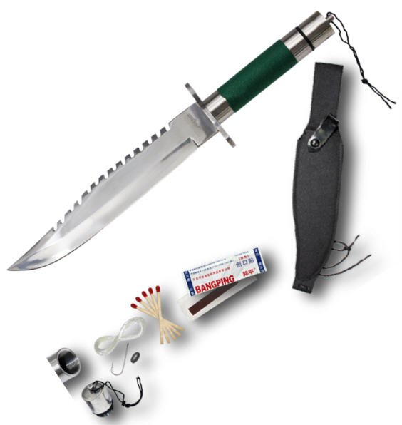 14" Rambo Style Green Survival Knife w/ Sheath & Survival Kit