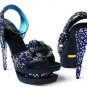 shiny diamond flower dark blue party high heels