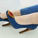 special blue jeans with square badge high heels