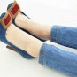special blue jeans with square badge high heels