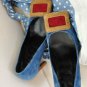 special blue jeans with square badge high heels