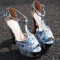 unique classic blue flower with woody heel pumps