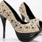 latest golden crastal high heels/silver and black diamond pumps