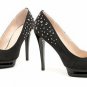 elegant popular black leather with rivets high heel shoes