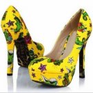 popular bright yellow leather with beautiful flowers and cute animals high heels
