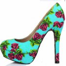 hot selling classic blue leather with sweet lovely rose and leopard high heels