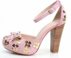 latest design peach pink patent high heels/metal criss-cross flower