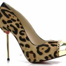 Woman steel toe high heel shoes/leopard leather/metal heel/red sole pumps