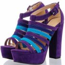 popular hot on sell purple patent &purple and blue strip square high heel shoes