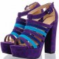 popular hot on sell purple patent &purple and blue strip square high heel shoes