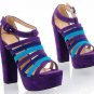 popular hot on sell purple patent &purple and blue strip square high heel shoes