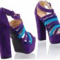 popular hot on sell purple patent &purple and blue strip square high heel shoes