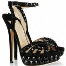 grace ladies' sexy black leather with sharp rivets &yellow bottom high heel shoes