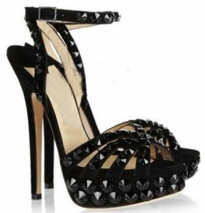 grace ladies' sexy black leather with sharp rivets &yellow bottom high heel shoes