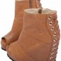 sexy ankle high bear fur brown & metal hole high heel wedges