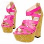 latest criss-cross red patent leather with stripped yellow bottom high heel shoes