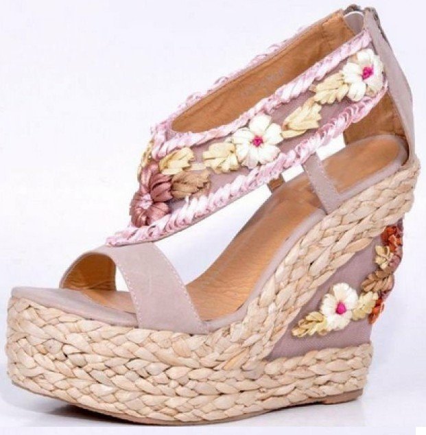 colorful sweet country girl shoes/colorful flower hemp pink high heel ...