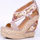 colorful sweet country girl shoes/colorful flower hemp pink high heel wedges