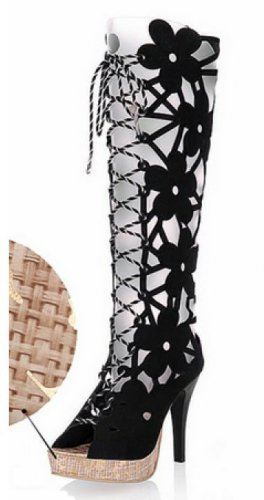 special knee boots/black patent flower leather shoes/peep toe shoes summer sandals for woman