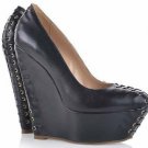 special knight black patent high heel wedges&lace hole pumps