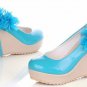 New style polite women fashion bright blue patent shoes with lovely flower