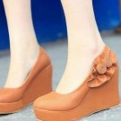 elegant bear-skin-like brown leather with sweet flower women fashion high heel  shoes
